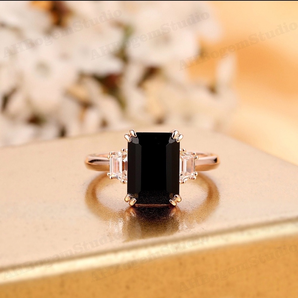 4.00ct Emerald Cut Black Onyx Ring with 0.49 ct Moissanite Side Stones 14kt Gold